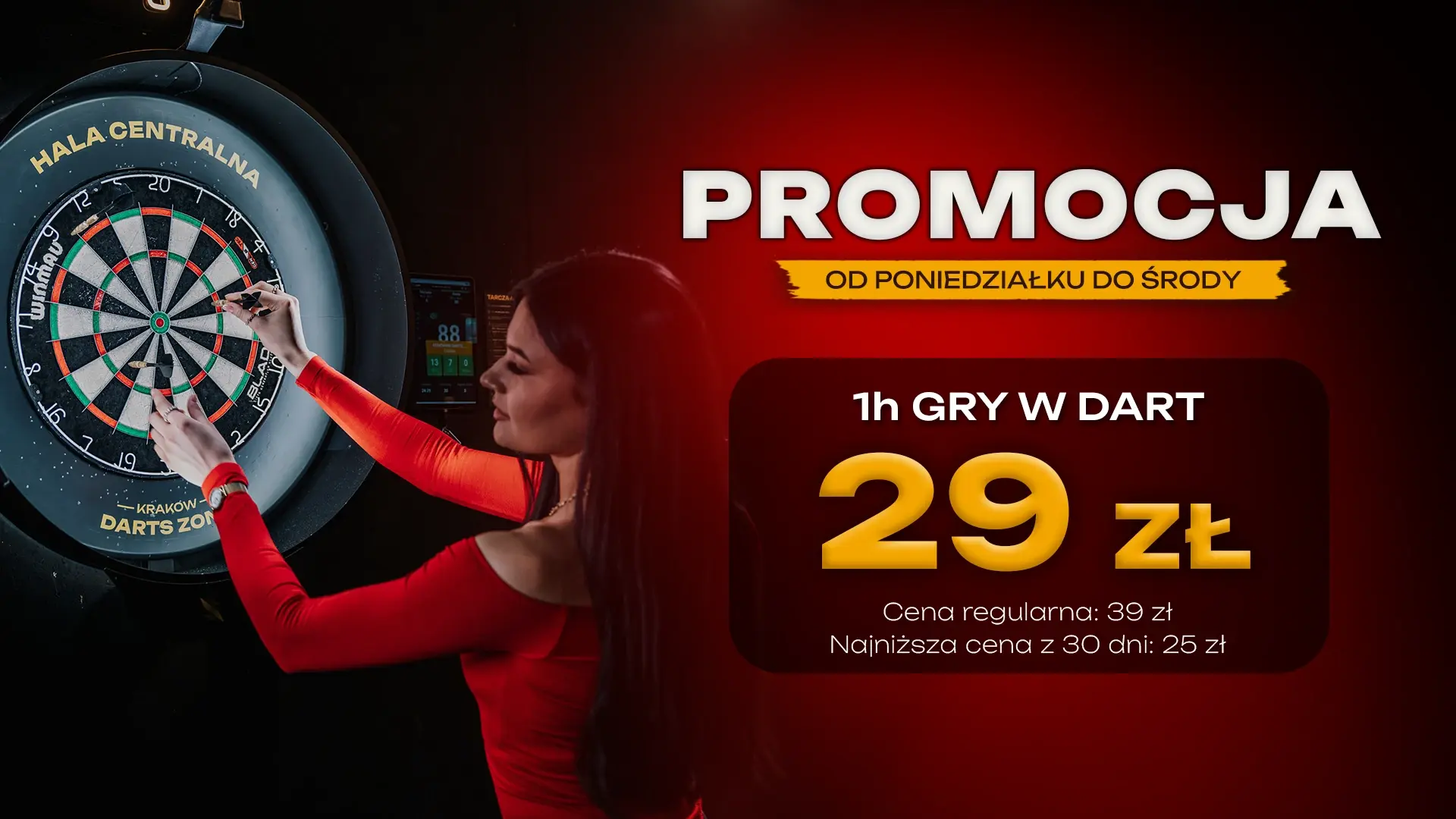 Od poniedziałku do środy: 1 godzina gry w dart za 29 zł. Cena regularna 39 zł, najniższa cena z 30 dni: 25 zł.