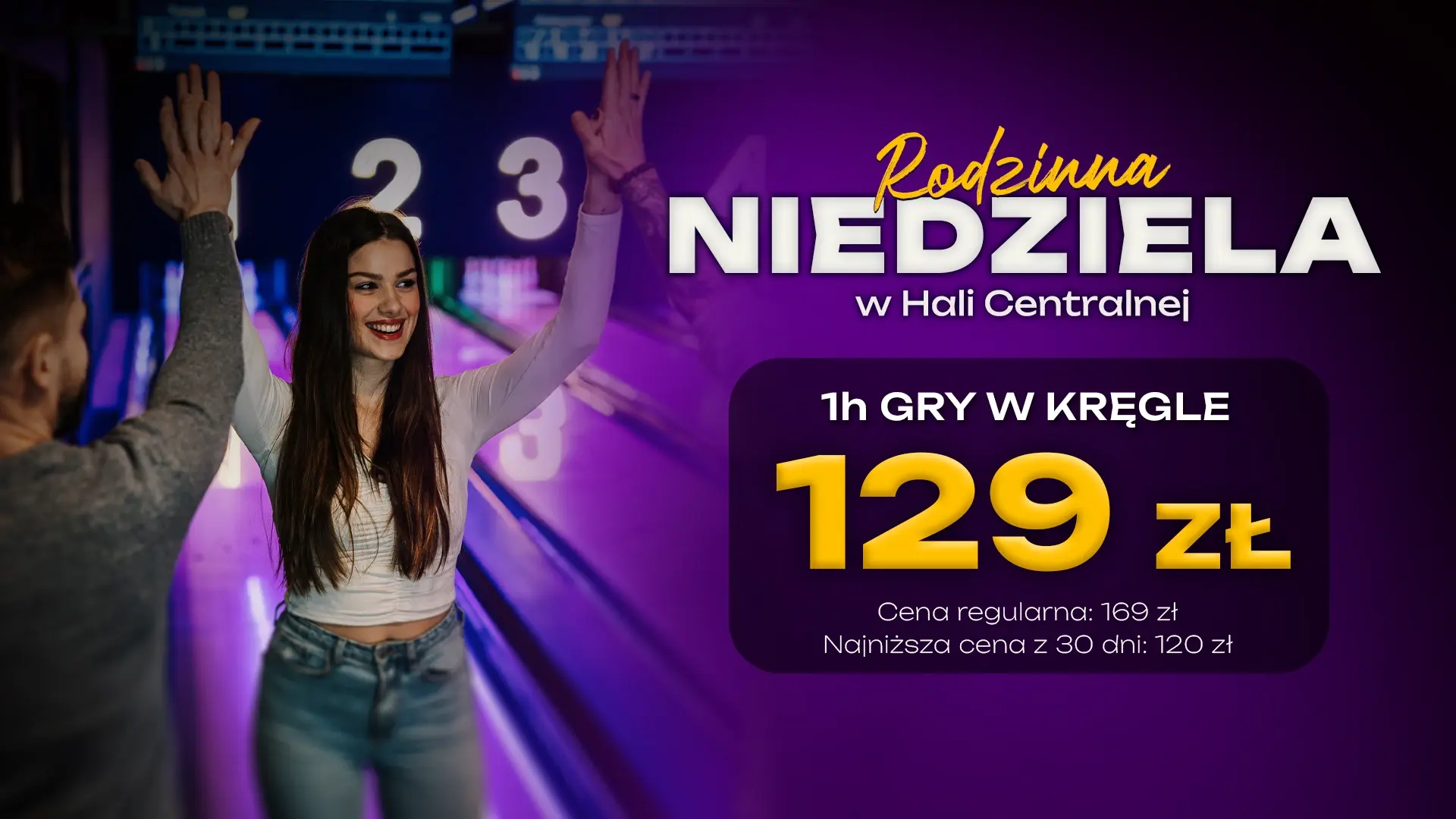 Rodzinna niedziela: 1 godzina gry w kręgle za 129 zł. Cena regularna 169 zł, najniższa cena z 30 dni: 120 zł.